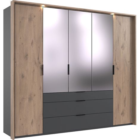 Kleiderschrank 254 cm breit inkl. Spiegel und Beleuchtung in grau mit Eiche Passepartoutrahmen BIELLA-43 (1/5)