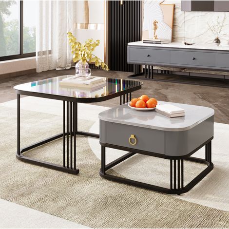 Tavolino basso gigogne 2 pezzi 60x60x44,5 cm in MDF nero e grigio, salvaspazio (1/5)