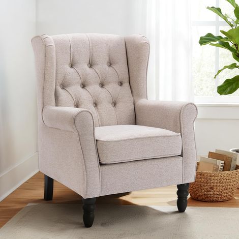 Fauteuil Vintage Mi-Siècle, Fauteuil à Oreilles Rembourré avec Capitonnage Boutonné, Housse en Tissu et Pieds en Bois Massif pour Salon, Bureau, Café - Beige (1/5)