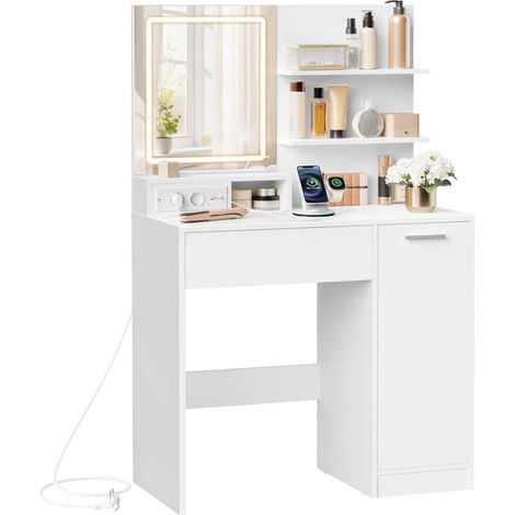 Toeletta tavolo da trucco con specchio 1 cassetto 2 ripiani armadietto portaoggetti organizer per trucco bianco 120005178