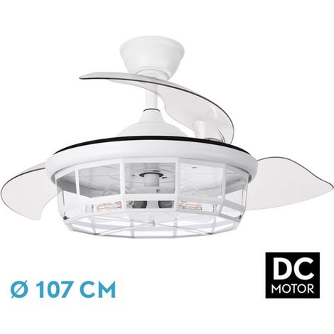 ABRILA- Ventilator DC Turned Weiß  5x E27  3 ausfahrbare Flügel  6 Geschwindigkeiten  Fernbedienung  Timer  Modernes Design