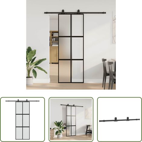 Verre trempé - Porte coulissante kit quincaillerie noir 76x205 cm verre trempé (1/5)