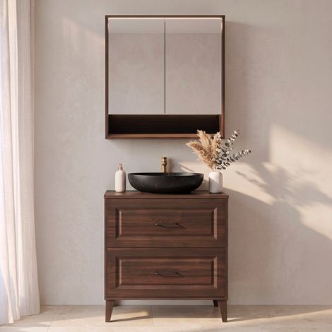 Conjunto mueble simple lavabo 80cm y armario espejo Moka Madera oscura (1/4)