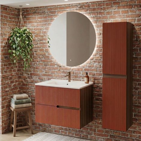 Ensemble meuble simple vasque L.60cm + 1 colonne à suspendre Chêne Moka 2 tiroirs Brique cannelé EVA (1/5)