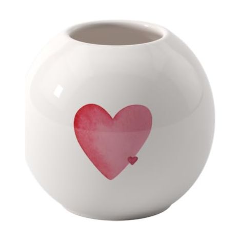Vase, Dimensions : env. 9,5 x 9,5 x 8,5 cm, Blanc avec décor aquarellé Rouge, Motif cœur, Petit Vase décoratif, Porcelaine (1/4)