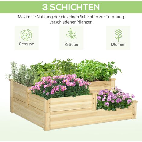 Hochbeet mit 3 Pflanzschalen, 3-stufiges Design, offener Boden, 108 cm x 88 cm x 36 cm, Natur. (1/5)
