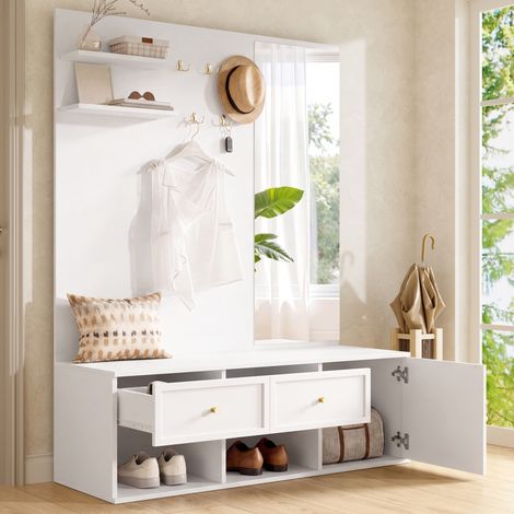 Appendiabiti da ingresso 6 in 1 con specchio, 5 ganci, 2 cassetti e vano portaoggetti, colore bianco, dimensioni 120x35x159 cm (1/5)