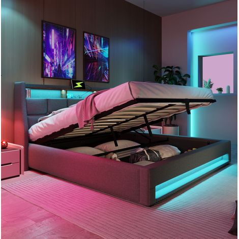 CHICFURN Cama 160x200 cm de lino gris con USB, LED y almacenaje, sin colchón (1/5)