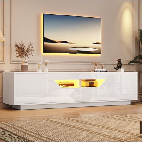 Mueble TV 180x40x45 cm, 2 cajones y 2 armarios, LED por app, alto brillo, tablero de partículas blanco (1/5)