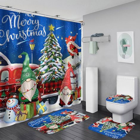 Rideau De Douche De Noël - 180 X 180 Cm - Ensemble Complet Avec Tapis De Bain 70 X 40 Cm Et Couvre-Réservoir 37 X 35 Cm - Polyester Imperméable - 4 Pièces (1/5)