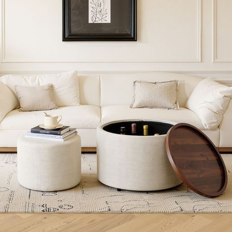 Ensemble 2 tabourets nid rangement, repose-pieds couvercle lin étagère bois, table basse ronde 58cm beige