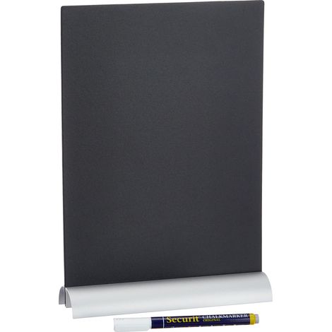 SECURIT - Lavagna da Tavolo A4 - Per Pennarelli a Gesso Liquido - Per Caffè, Ristoranti, Bar, Negozi - Inserto Rimovibile - Base in Alluminio - 30,8x21x6cm - 1 Pennarello Bianco Incluso