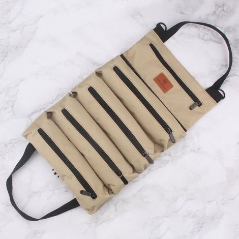 Sac à outils en toile enroulable avec 5 poches zippées. sac à outils polyvalent (kaki) (1/5)