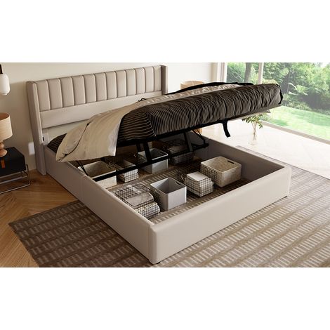 Stauraumbett 140/200 cm beige aus Leinen mit hydraulischem Bettkasten (1/5)