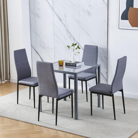 Dining Room Set, Grey Glass Dining Table with Chairs, 75x75 cm Square Glass Table and Chairs for Small Room (Table with 4 Chairs, Grey Linen)