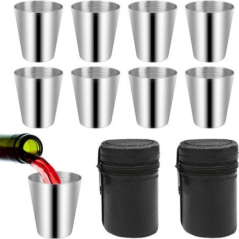 8 PCS Verre à Shoot en Acier Inoxydable en Métal Gobelets à Liqueur Portables Verres à Liqueur, Gobelet Flasque en Acier Inoxydable avec Sac en Cuir pour Camping en Plein Air (1/5)