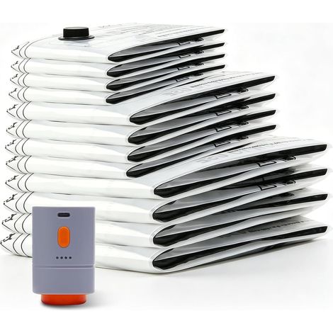 Lot de 12 sacs sous vide avec pompe sans fil (4 x 40 x 60, 4 x 50 x 70, 4 x 60 x 80 cm), pompe à vide électrique rechargeable 1800 mAh, sacs sous vide peu encombrants pour vêtements, voyage et (1/5)