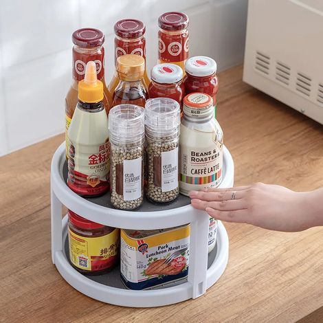 Étagère de rangement rotative à 360° antidérapante pour condiments et vaisselle (deux niveaux, 2 pièces). Étagère de rangement ronde et multifonctionnelle. (1/5)