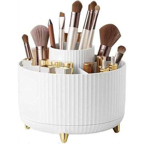 Rotatif Organisateur de Maquillage, Organiseur de Bureau Rotatif à 360 Degrés, Multifonctionnel Rangement Pinceaux, Cosmétique Rangement pour Chambre, Coiffeuse, Salle de Bains - Blanc (1/4)