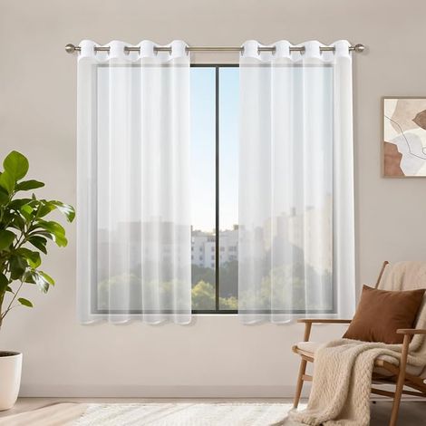 White Net Curtains 140 x 145 cm, Transparent Window Curtains with Eyelets, Interior Decoration for Living Room, Bedroom, Kitchen, Bay Window, Light Filtering (1/2)