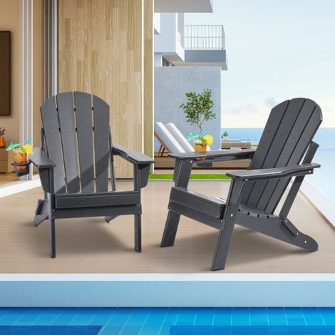 Lot de 2 Chaise Adirondack, Fauteuil de Jardin Pliant Portable Plastique Charge 181,4 kg, avec Porte-Gobelet, Accoudoir Relaxant Gris (1/3)