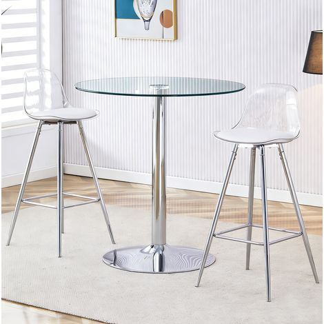 Ensemble bar table haute ronde 89 cm en verre et métal argenté, 2 places, gain de place – MEUBLIV (1/5)