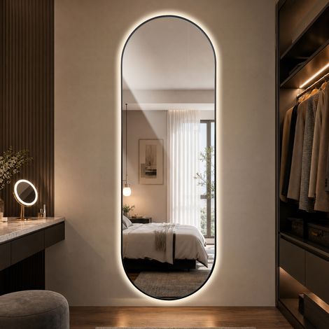 Miroir pleine longueur LED 150x50 cm, capsule alu noir, rétroéclairé dimmable, IP44, CRI90 (1/5)