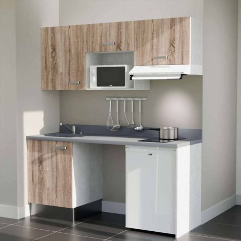 Kitchenette K55L - 180 cm - plan monobloc évier intégré Cromo- évier à gauche - Façades Bois + Electroménager inclus coloris Blanc