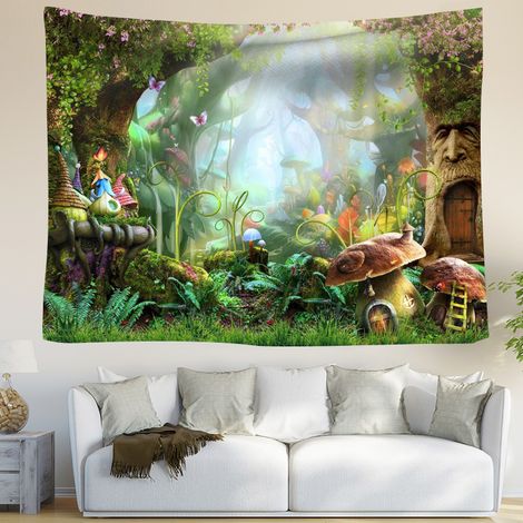 BEBUSINGOTO Tapisserie Murale Forêt Tenture Murale Nature Tissu Mural Printemps Champignons,Conte de fées pour Enfants Chambre Salon Dortoir Murale Décoration,Fond Anniversaire,150x100cm (1/5)