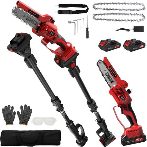 2 en 1 Tronçonneuse Télescopique Elagueuse, Mini tronçonneuse Sans fil de 15,2 cm avec batteries de 4,0 Ah, Tronçonneuse avec système d'huile automatique, longueur de travail 4,5M (1/5)