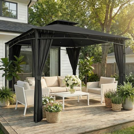 Tonnelle de jardin 3x3m, toit rétractable, double toit UV50+ imperméable, gris anthracite