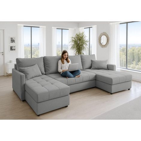 AX LIVING Ecksofas groß Dolceo 287 cm – Sofa grau mit Schlaffunktion & Ottomane
