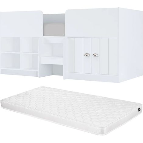 Letto mezza altezza 90x 190 cm Con vani portaoggetti Bianco + Materasso - BOUTANIO (1/5)