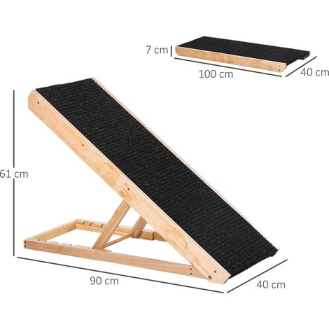 Hunderampe für Bett und Couch Faltbar Haustierrampe mit 4 Einstellbare Höhe von 26 bis 61 cm, Anti-Rutsch-Pad 90 cm Hundetreppe für großen Hund unter 40 kg Schwarz+Naturholz (1/5)
