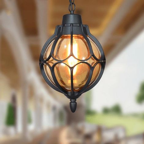 Lanterne suspendue d'extérieur, luminaire suspendu rustique étanche en métal avec globe en verre, éclairage extérieur pour porche, extérieur, entrée (Noir, Moyen) (1/5)