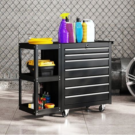 Carro de taller con ruedas 7 cajones y estante lateral extraíble, negro DESVIAE (1/5)
