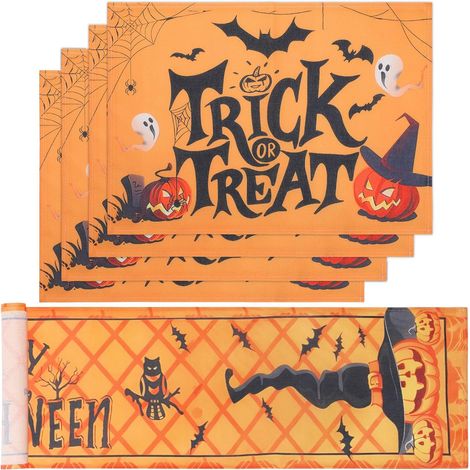Camino de mesa de Halloween con 4 manteles individuales, lavable, con telarañas, calabazas y fantasmas, mantel de arpillera para decoración de mesa de Halloween, comedor o fiesta, 183 x 33 cm.