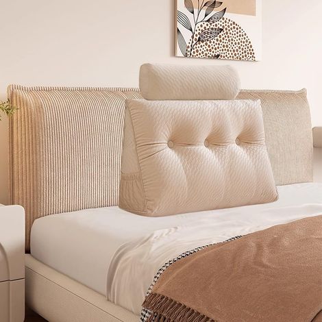 Velvet Headboard Wedge Coussin avec Roll Coussin,Couverture Amovible lit de Jour Oreiller de tête, Appui de positionnement du Dossier Oreiller Repos Lecture Relaxant (Beige, 100 50 20cm) (1/5)