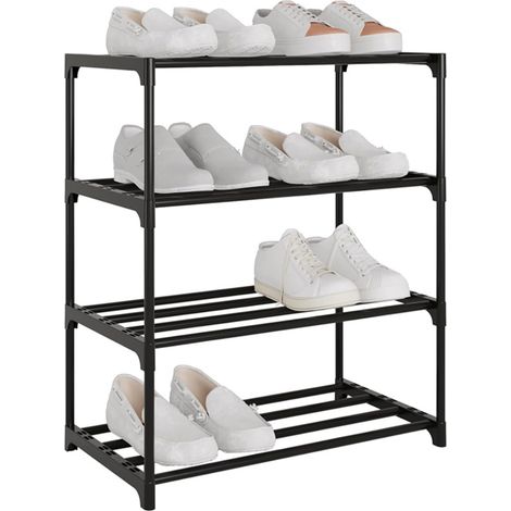 Étagère à chaussures à 4 niveaux, étagère de rangement en métal, rangement de chaussures pour couloir, salon, chambre à coucher, noir. (1/5)