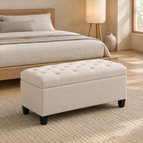 Gepolsterte Truhenbank 100x40x44 cm Polyester Leinenoptik, Kautschukholz, Cremeweiß OKMYHOME (1/5)