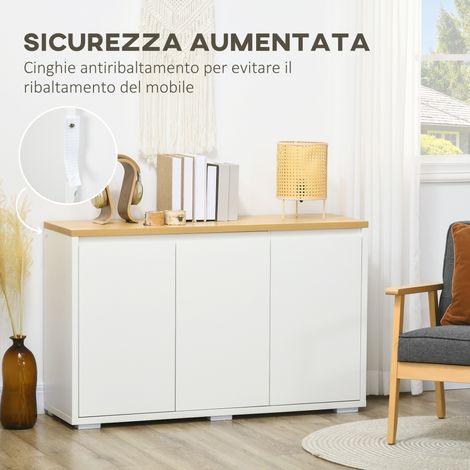 Armoire roulante 2 tiroirs et rayonnages, meuble mobile à 2 niveaux en bois aggloméré, étagère ajustable, 120x37x75 cm, finition blanc et bois (1/5)