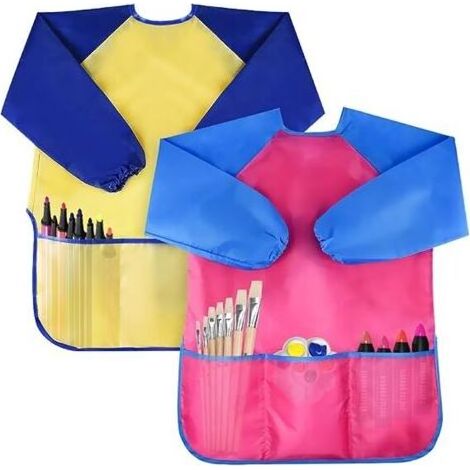 Set aus 2 wasserdichten, langärmeligen Malschürzen für Kleinkinder mit 3 Taschen, geeignet für Kinder im Alter von 2 bis 6 Jahren (1/5)