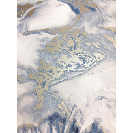 Muriva Elixir Liquid Marble Effect Wallpaper Swirls Blue Gold Metallic Shimmer