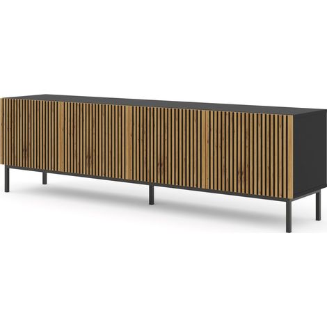 MOBILE RAVENNA F PORTA TV IN MDF VERNICIATO 4D 200 NERO OPACO ROVERE ARTIGIANALE STRUTTURA NERA