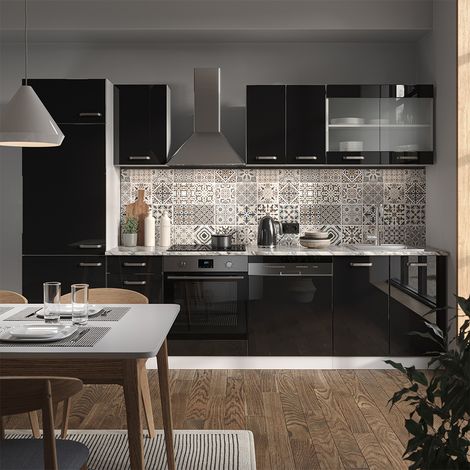 Küche  R-Line, Schwarz Hochglanz/Weiß, 300 cm ohne Arbeitsplatte, Vicco