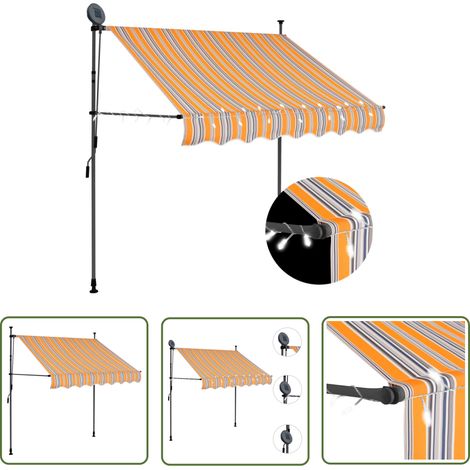 The Living Store Auvent manuel rétractable avec LED 100 cm Jaune et bleu - Auvent Retractable - Store Banne - Abri Extérieur - Protection Soleil - Éclairage Led (1/5)