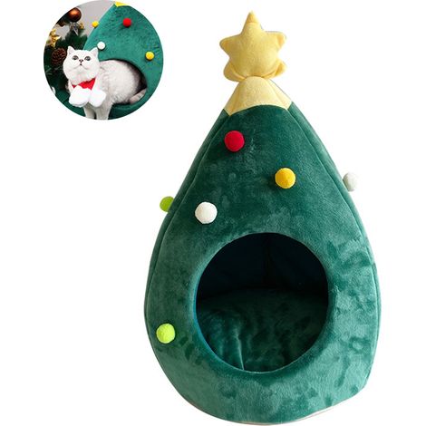 Lit Pour Chat Forme D Arbre De Noel - Cabane Igloo Fermée - Pour Chats Et Petits Animaux - 60 x 42 x 40 cm - Vert