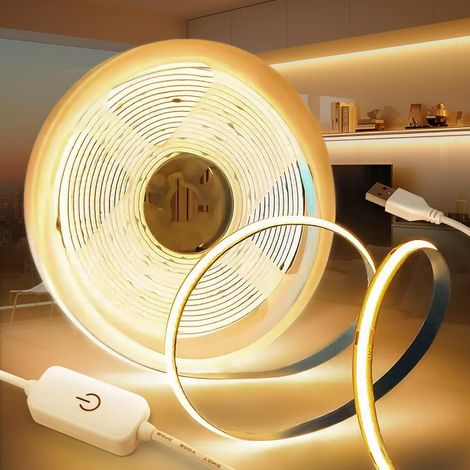 LED Strip USB COB 2M, 5V Warm White 3000K LED Strip Dimmable Strip Width 8mm Sticker Light 320LED/M Flexible Luminescence Strip for Bedroom, TV Backlight, Wardrobe Decoration (1/5)