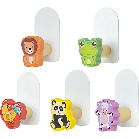 Juego de 5 ganchos para perchero infantil, diseño de animales, perchero de pared de madera, gancho de pared autoadhesivo para decoración, toallero de baño de pared (1/4)