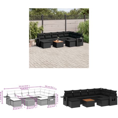 10-tlg. Garten-Sofagarnitur mit Kissen Schwarz Poly Rattan - Gartenmöbel Set - PE-Rattan Möbel - Outdoor Lounge - Esszimmergarnitur - Balkonmöbel - Home & Living (1/3)